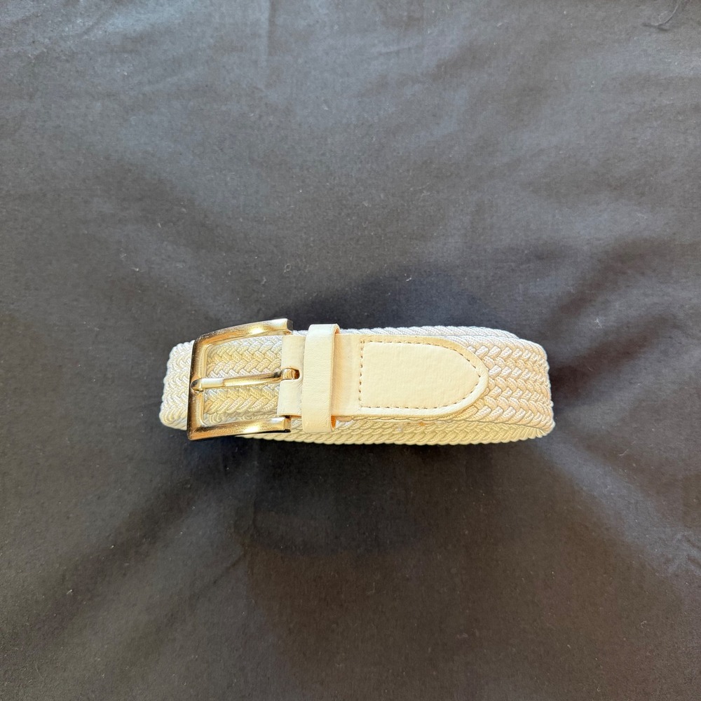 White Braided Elastic Stretch Belt‎ Silver Buckle Off White Unisex 52"